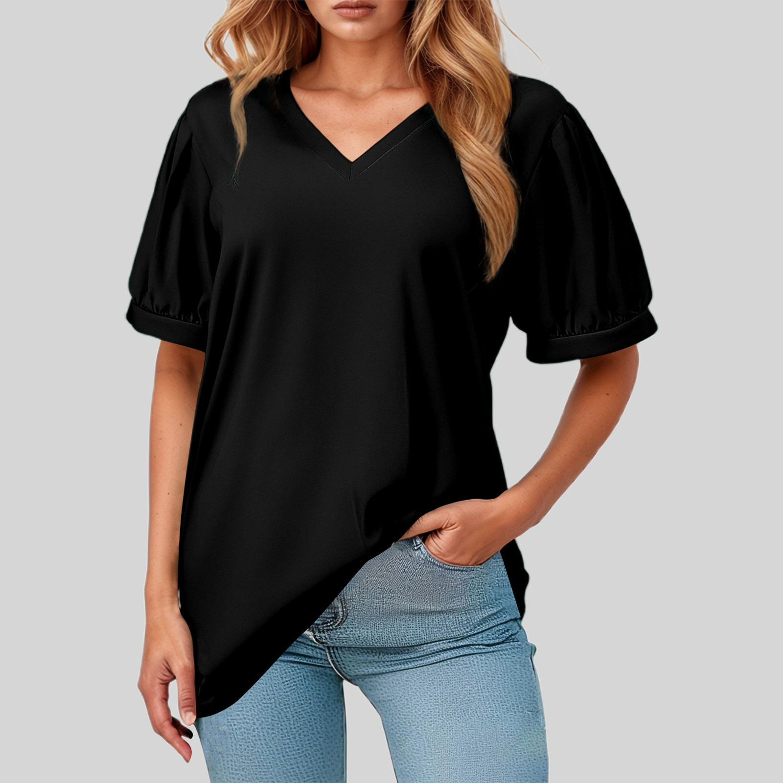thumbnail image 2 of Camiseta holgada de manga corta y cuello en V para mujer: diseño con mangas abullonadas, cómoda mezcla de poliéster y spandex para uso informal, 2 of 8